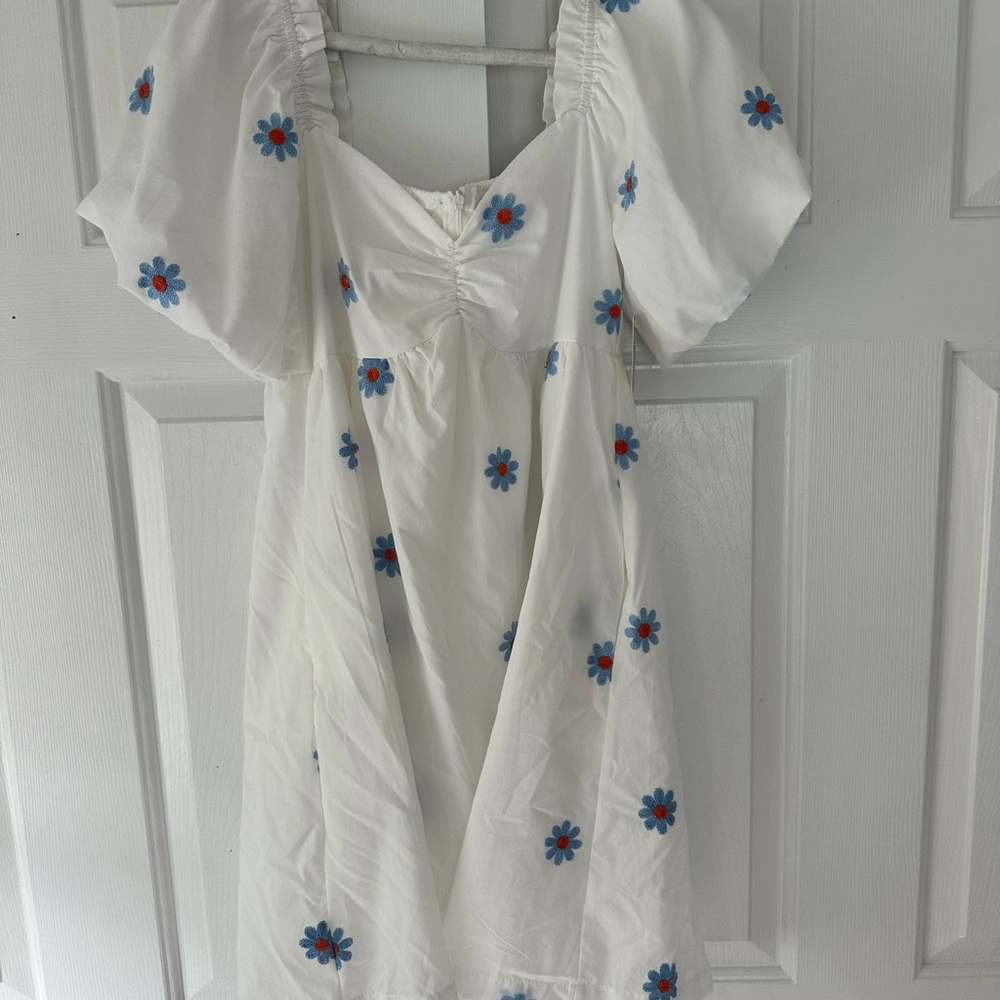 Unworn Altard State White Dress with Blue and Red Floral Pattern